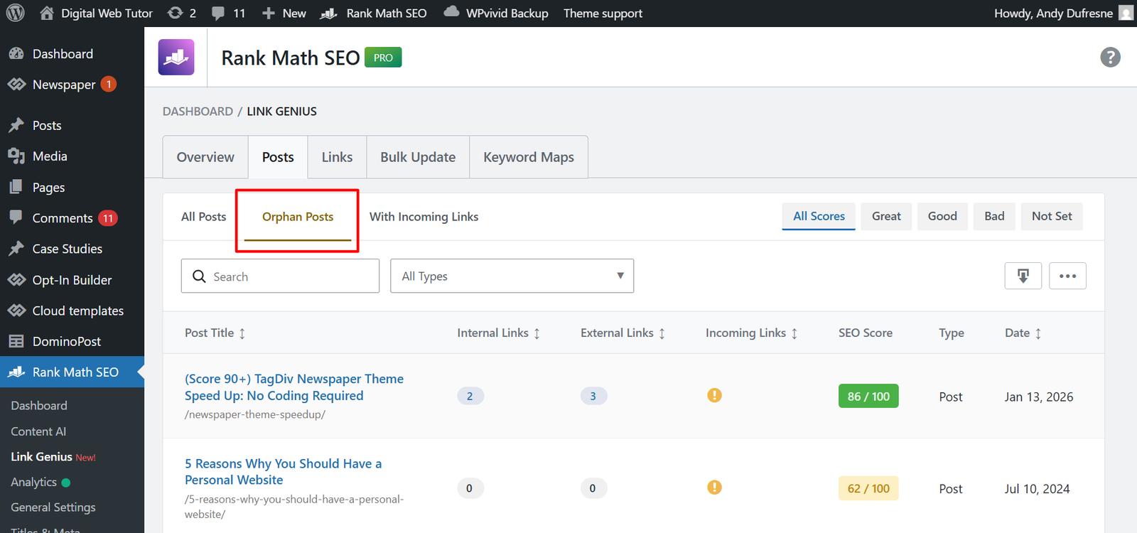Link Genius Orphan Posts