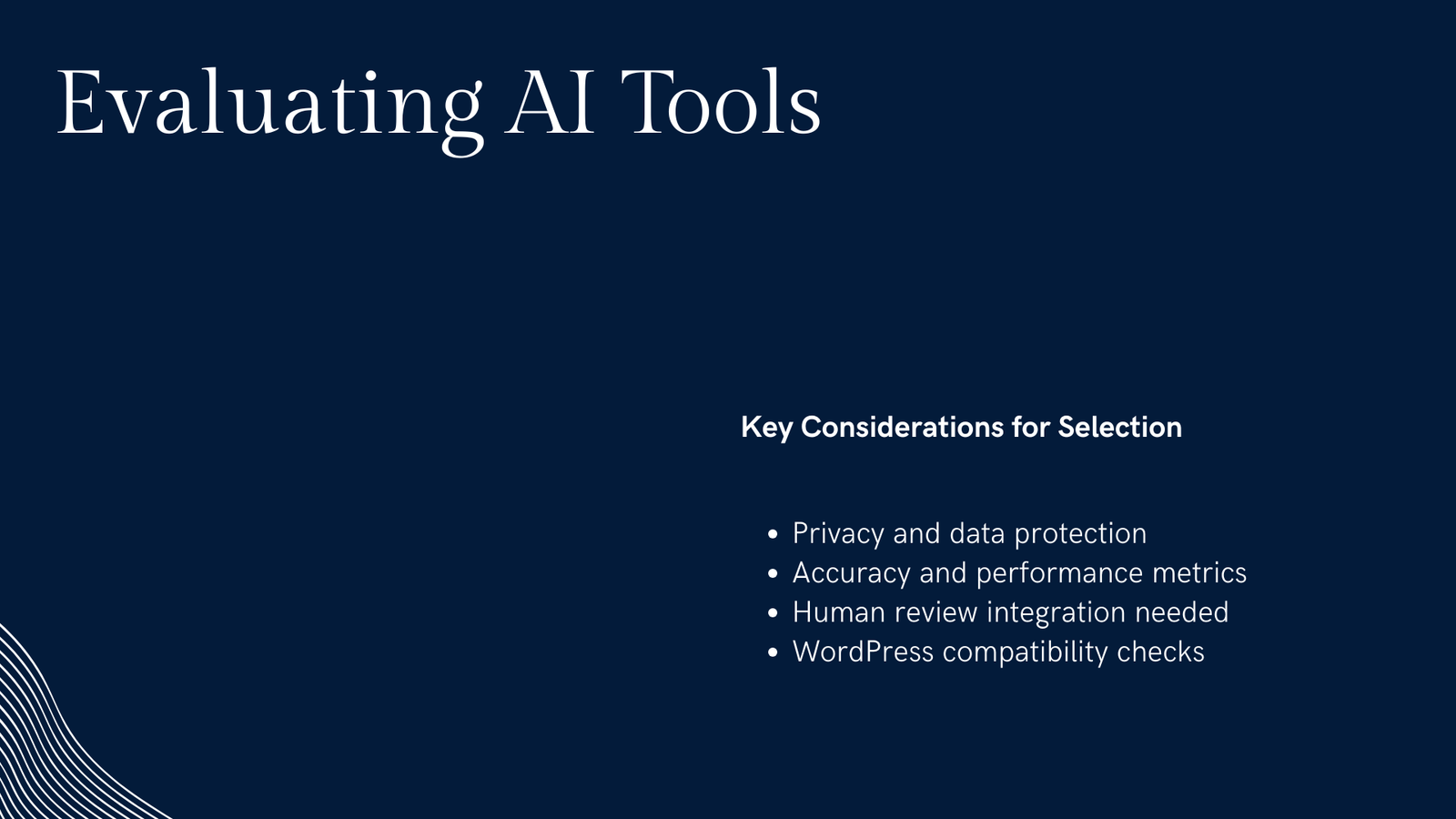 WordPress AI tool evaluation checklist for privacy accuracy human review compatibility and workflow fit