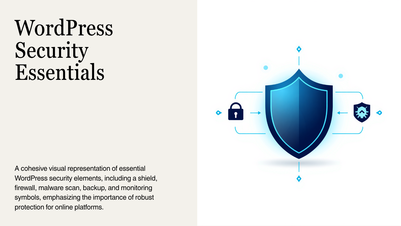 Abstract WordPress security comparison visual with shield, firewall, malware scan, and lock