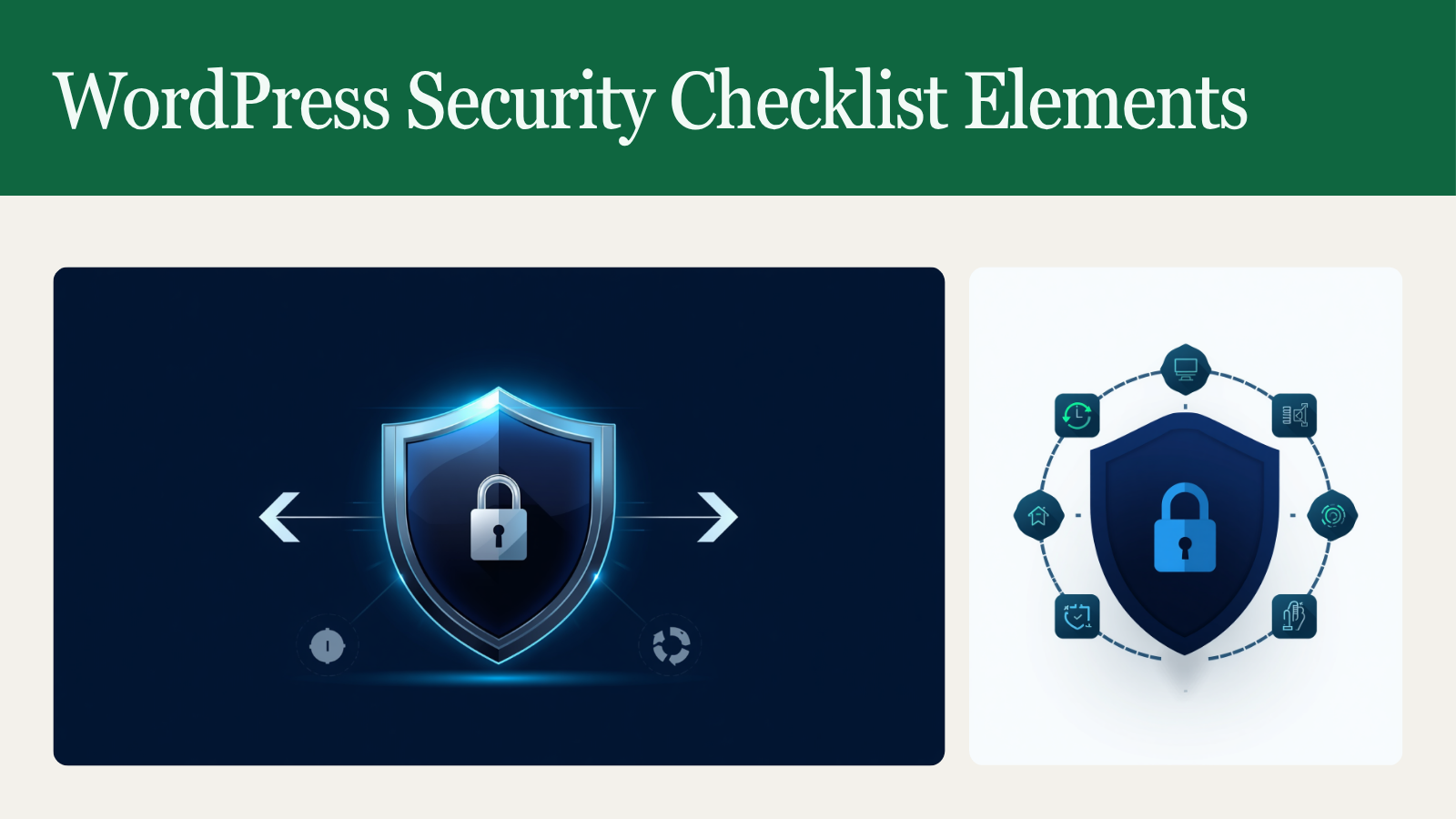WordPress security checklist visual with shield, lock, updates, backup, and monitoring