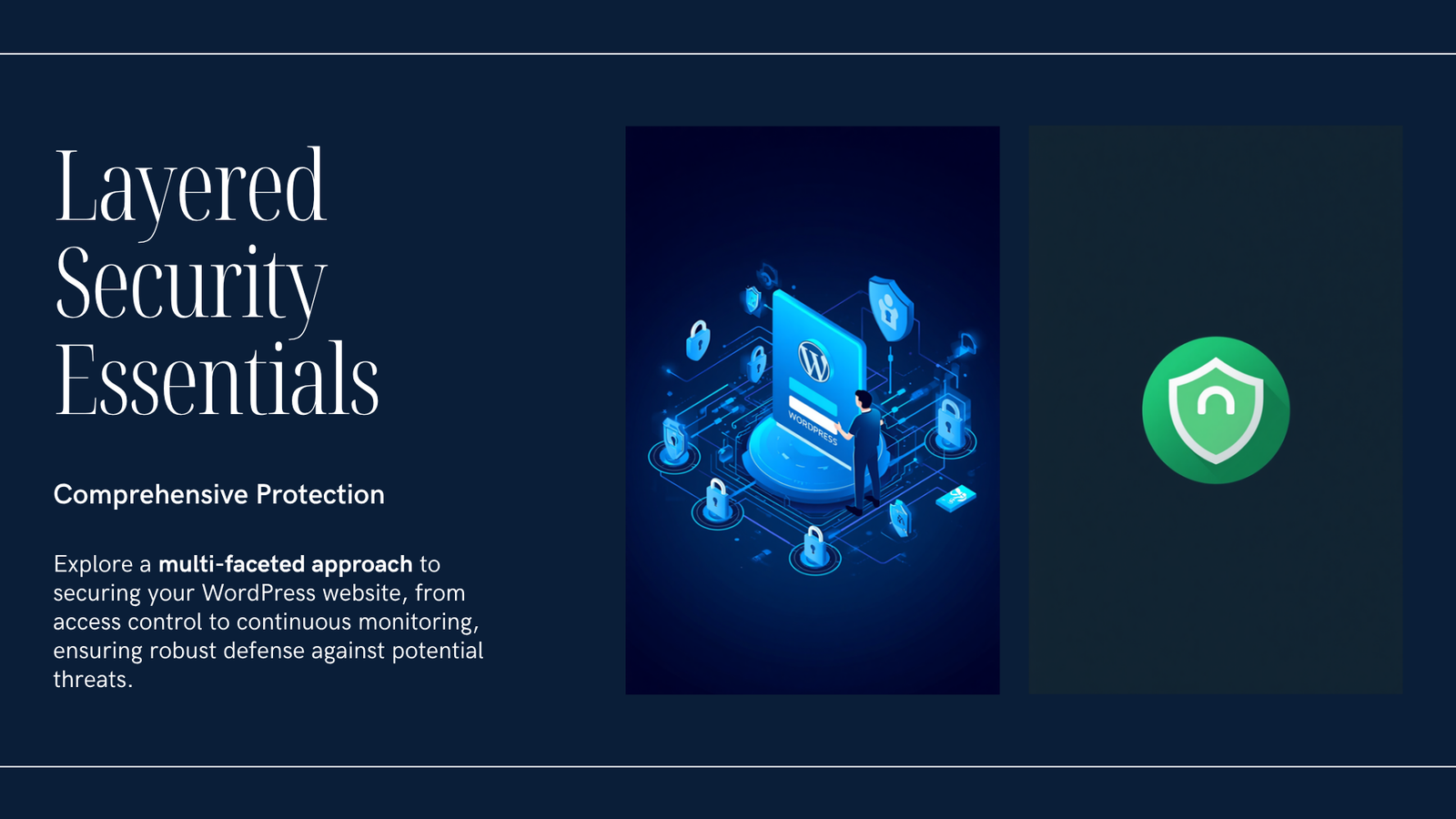 Layered WordPress security visual showing access control updates backups malware scanning SSL and monitoring