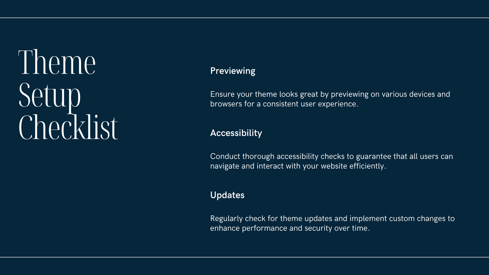 WordPress theme setup checklist for previewing mobile accessibility updates and custom changes