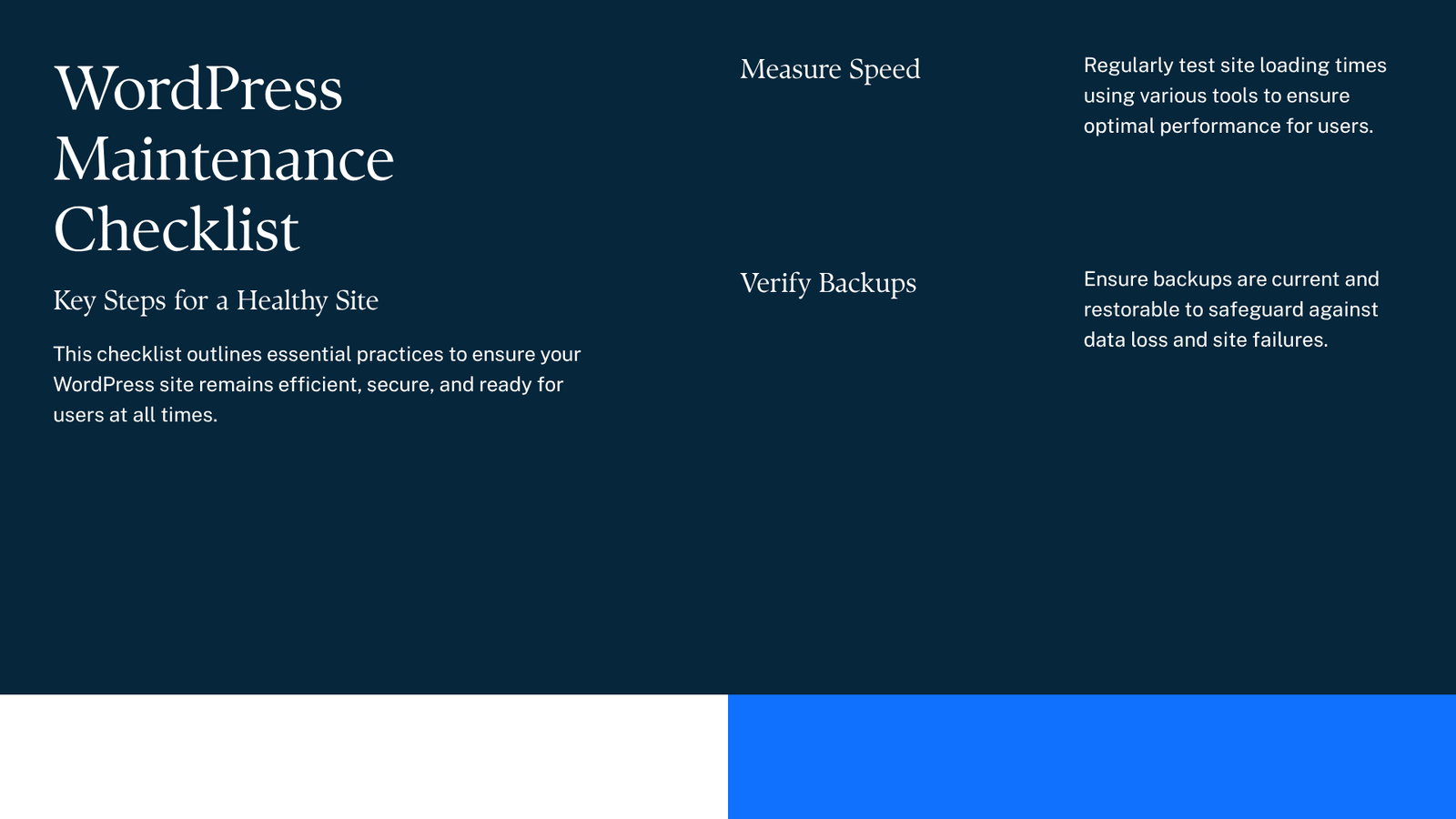 WordPress maintenance checklist for measuring speed verifying backups testing updates and recovery